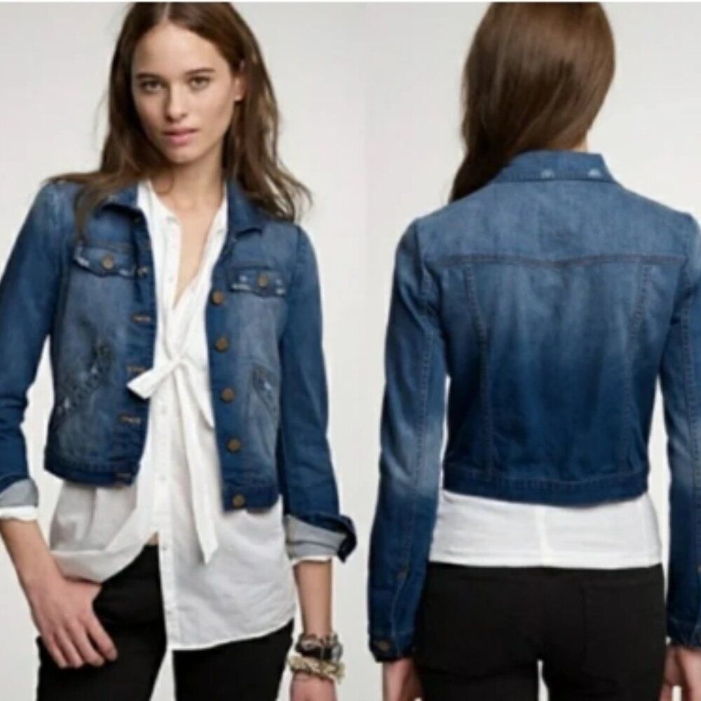 J Crew Bowery Women's Medium Wash Denim distressed jeans jacket in Size 10